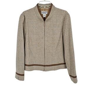 Pendleton Vintage Retro Brown Wool Leather Trim Houndstooth Zip Up Jacket 14